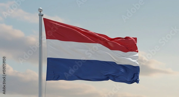 Obraz The flag of the Netherlands fluttering gently in the early morning wind with a pale blue sky behind it.