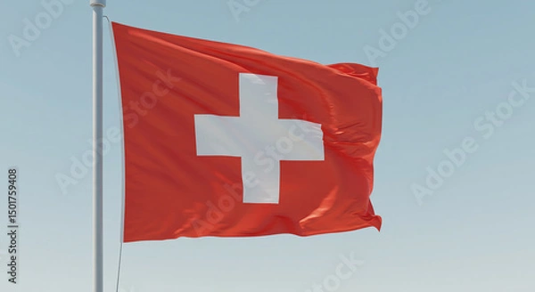 Obraz The Swiss flag waving steadily in the morning breeze, centered against a clear pale blue sky with no background distractions.