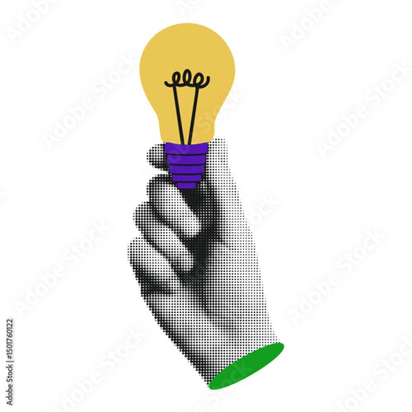 Fototapeta Halftone Hand Gesture Retro Vector Holding Yellow Light Bulb, Creative Idea Innovation Bright Thinking Inspiration Concept