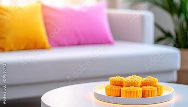 Fototapeta Mooncakes presented on a table, sofa and pillows in the background