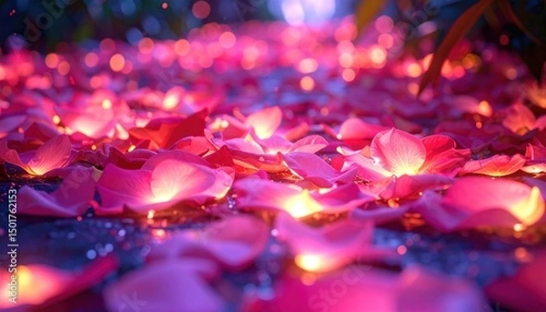 Fototapeta Pink petals illuminated on a dark surface, creating a magical, ethereal, romantic ambiance