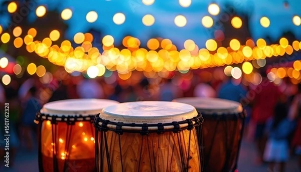 Fototapeta Drums stand foreground. Blurred crowd, bokeh lights, party atmosphere. Warm light glowing inside drums