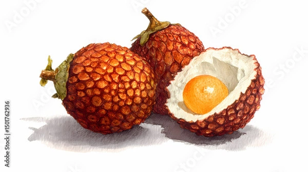 Obraz "Watercolor Clip Art of Lychees – Whole and Peeled Tropical Red Fruit Illustration with Leaves for Botanical, Culinary, and Exotic Design Projects"

