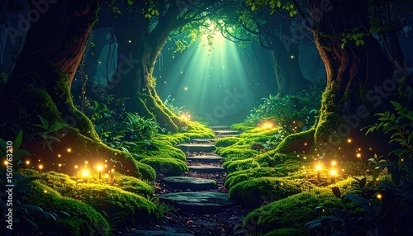 Fototapeta Magical forest path with sunbeams and glowing orbs, green moss covers old trees