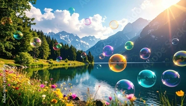 Fototapeta Bubbles floating above a serene lake, reflecting snowy mountains and green trees, under a bright sun