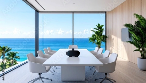 Fototapeta Modern meeting room with ocean view, VR headset on table