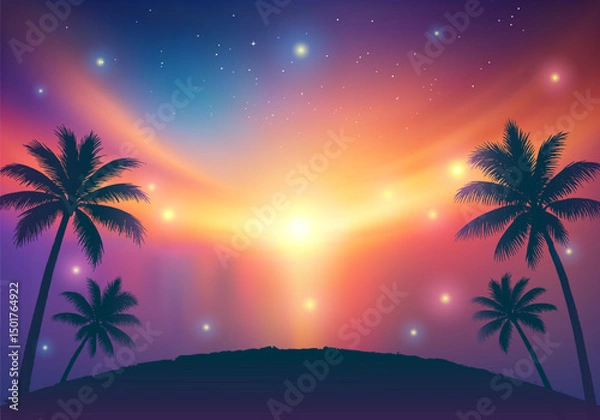 Fototapeta Vector Colorful Sunset Background with Palm Tree Silhouettes and Glowing Tropical Sky