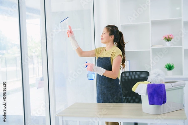 Obraz Asian housekeeper cleans window glass with disinfectant spray and microfiber cloth.