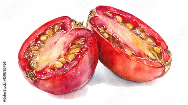 Obraz "Watercolor Clip Art of Tamarillo (Tree Tomato) – Whole and Sliced Red Tropical Fruit Illustration for Botanical and Culinary Design Projects"

