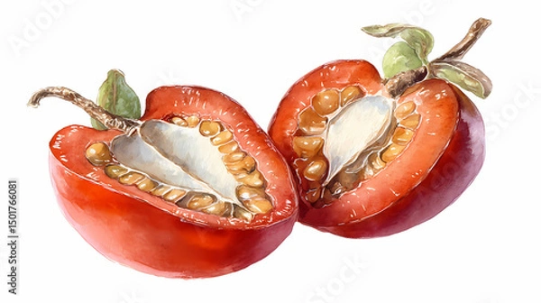 Obraz "Watercolor Clip Art of Tamarillo Tree (Tree Tomato) – Bright Red and Orange Egg-Shaped Fruits on Branches for Botanical and Tropical Design Projects"

