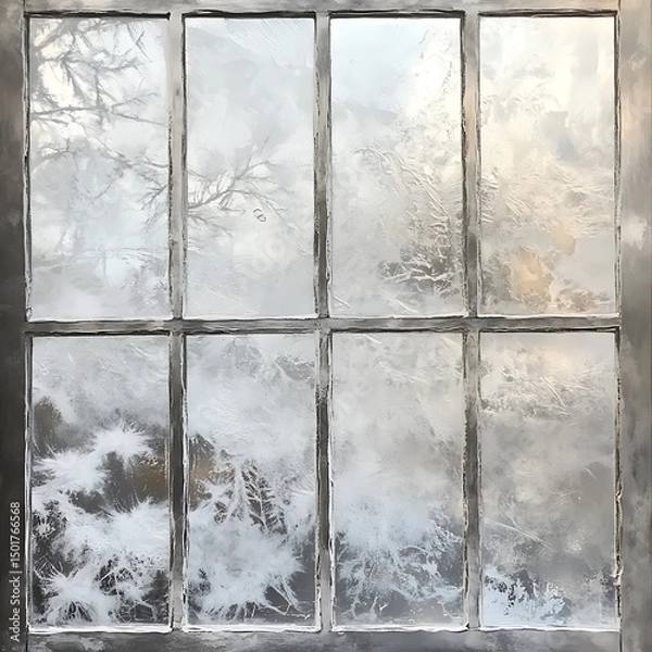 Obraz Frosty winter windowpane with intricate ice patterns.