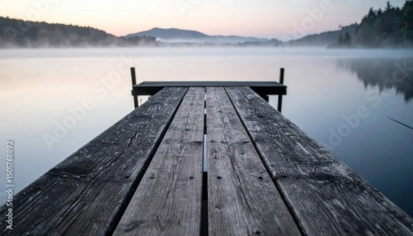Fototapeta Calm lake view with a wooden dock stretching into misty water at dawn, mountains in the background