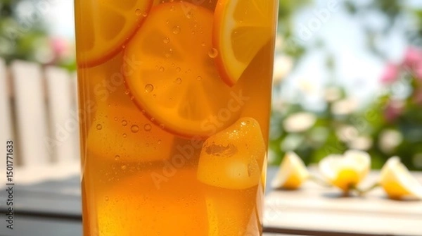 Fototapeta A refreshing cold glass of iced tea with lemon slices and a striped straw is sitting on a wooden table. Food concept