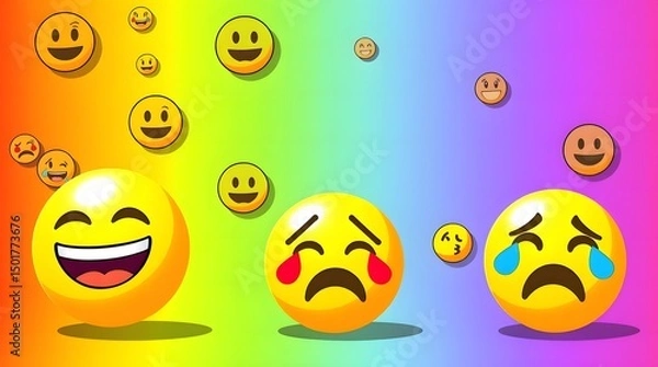 Fototapeta A vibrant background of numerous yellow emoji faces with different expressions creates a cheerful and playful digital pattern. Abstract concept