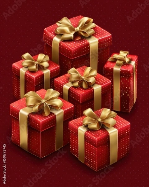 Fototapeta Stacked red gift boxes with gold ribbons and bows isometric view for holiday celebration and festive occasion