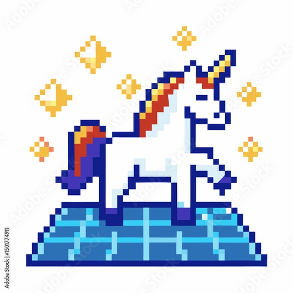 Fototapeta pixel unicorn with sparkling stars, retro 8 bit colorful fantasy creature on blue digital grid