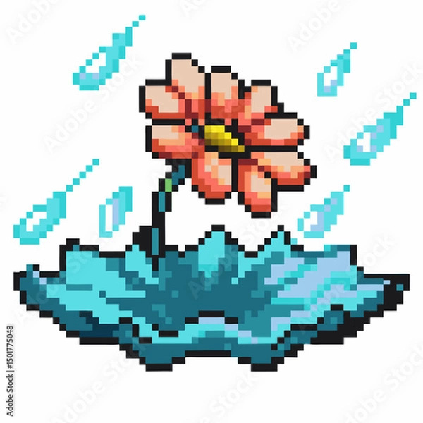 Obraz pixel art vibrant flower in blue umbrella with raindrops, retro digital spring nature concept