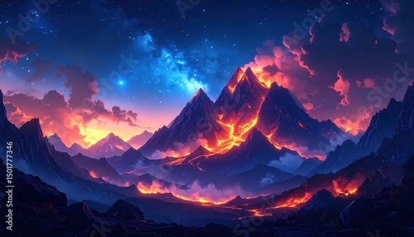 Fototapeta Fiery mountain range ablaze under a starry night sky, landscape illuminated by lava flows