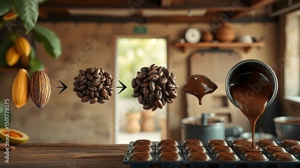 Fototapeta The journey of chocolate from bean to chocolate