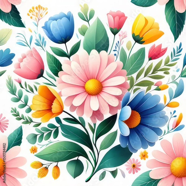 Fototapeta Cheerful digital illustration of colorful flowers including daisies and tulips with lush green leaves, arranged on a clean white background.