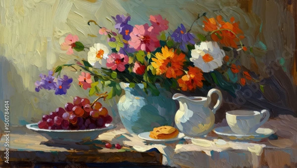 Fototapeta Classic still life with a bouquet of bright flowers, a bowl of vi nograda  and elegant porcelain on a sunlit table with soft shadows.  