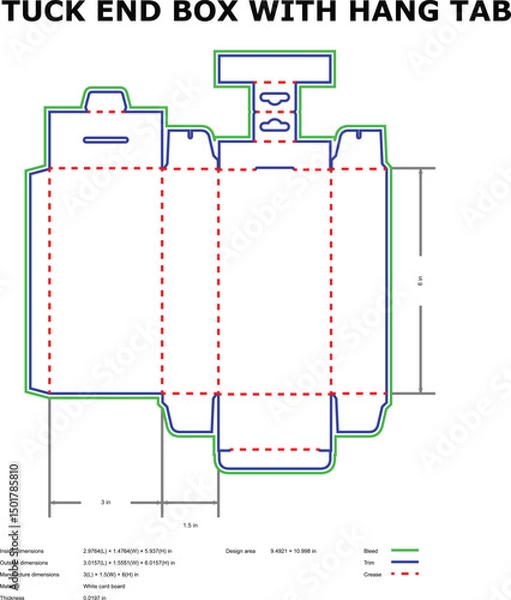 Fototapeta Detailed packaging layout diagram for a tuck end box design with hang tab and dimensions