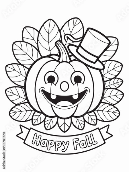Obraz Smiling Pumpkin Wearing a Tiny Hat – Autumn Theme Coloring Page