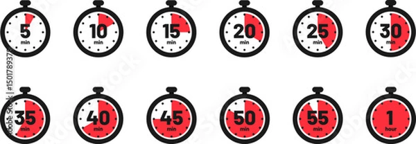 Fototapeta Set of timer clock faces and stopwatch icons. The countdown timer displays hours and minutes. Stopwatch shows intervals ranging from 5 to 60 minutes. Kitchen timer icon with minutes. Vector