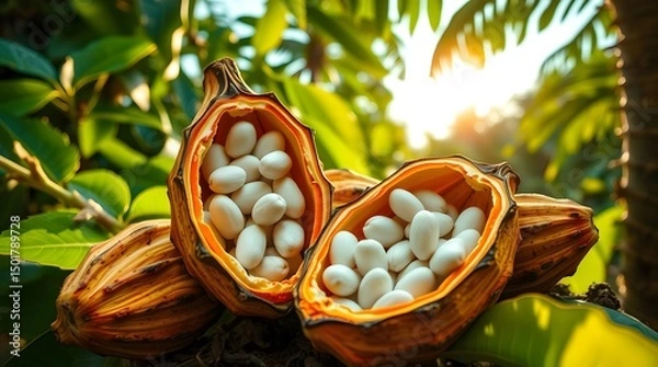 Fototapeta a fresh cocoa pod on a tree branch reveal raw white cocoa beans amidst green foliage. Food concept