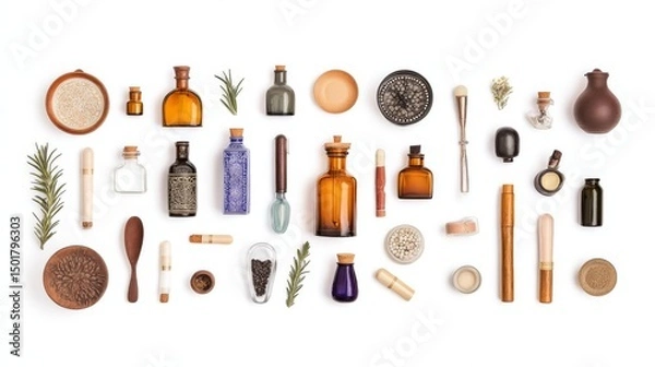 Fototapeta A collection of natural beauty products and containers arranged aesthetically for a calming and stylish display.