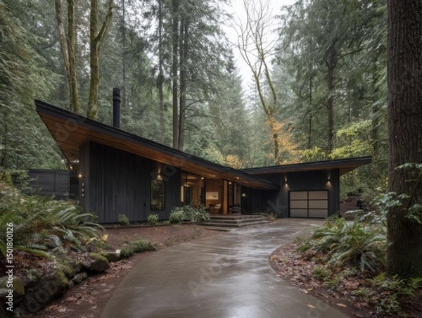 Obraz Modern home exterior nestled in a lush forest landscape with a winding driveway and unique architecture in Oregon