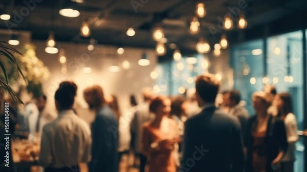 Fototapeta Blurred view of business people networking at a corporate event in an office space with warm lighting