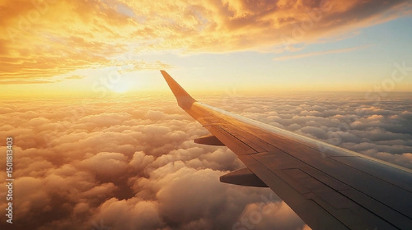 Fototapeta Beautiful sunset view from airplane wing over soft clouds during flight at dusk
