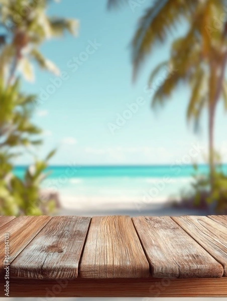 Fototapeta Tropical beach background with wooden table for product display summer vacation concept