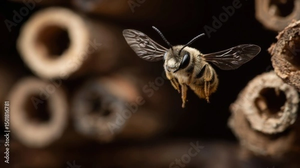 Fototapeta Close-up of a solitary bee in flight near a bee hotel; macro shot of a bee pollinating in the garden; insect conservation