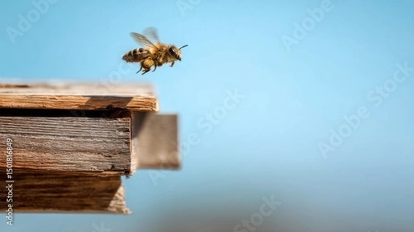 Fototapeta Honeybee taking flight from wooden beehive in clear blue sky close up low angle pollination nectar honey