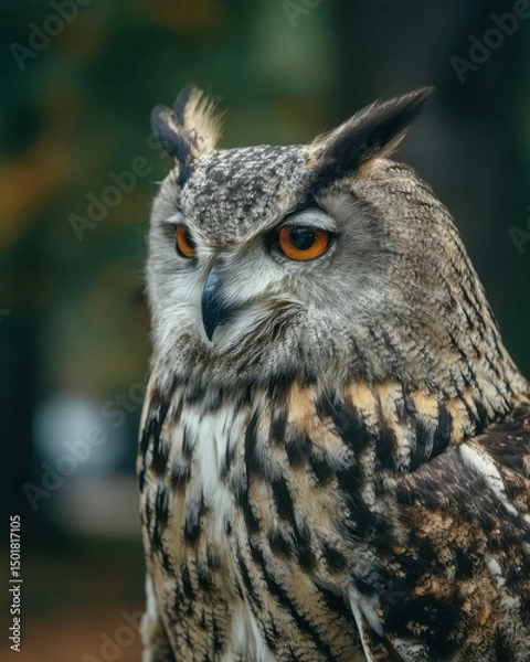 Fototapeta Eurasian eagle owl portrait in natural light looking left with intense orange eyes and feathered ear tufts in a forest