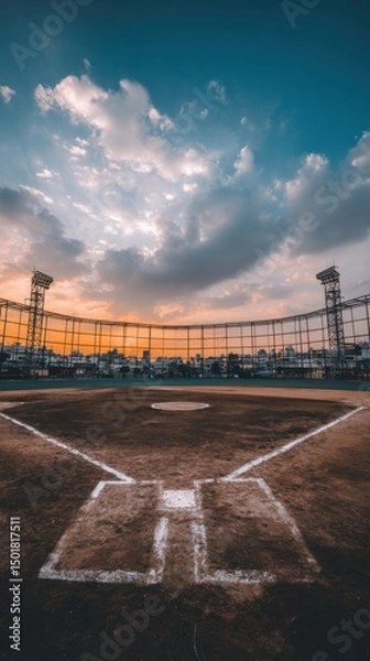 Fototapeta Empty Baseball Field at Sunset, Low Angle View of Home Plate and Infield, Stadium with Cityscape in Background, Dramatic Sky