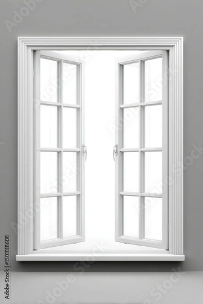 Fototapeta Open window lets light in, interior shot, white frame, gray wall, bright background, clean design, architectural detail, indoor view, inviting atmosphere, home improvement