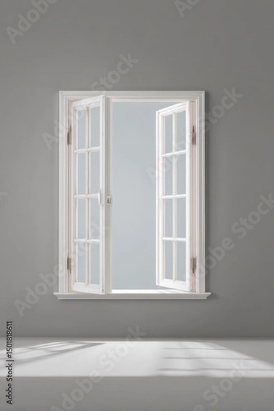 Fototapeta Open window interior shot with natural light and gray wall background in a minimalist style home decor