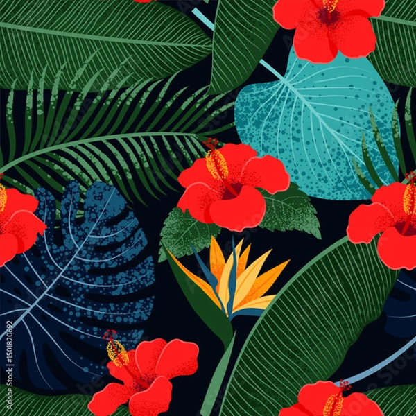 Fototapeta Tropical Leaves and Hibiscus, and Strelitzia Flowers seamless pattern. Summer background. Vector illustration in flat style