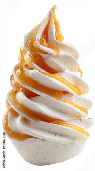 Fototapeta Delicious soft serve ice cream with caramel sauce in studio shot on white background creamy dessert close up