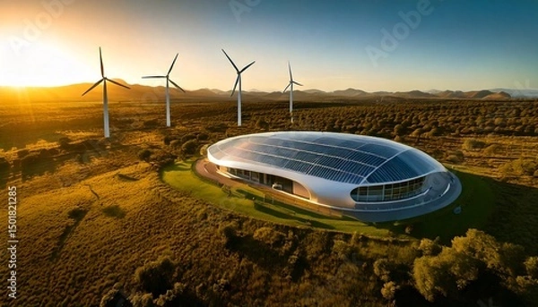 Fototapeta  futuristic eco-friendly data center in a lush green landscape, viewed from a drone. The building has a sleek, modern design with solar panels on the roof and surrounded by three large wind turbines
