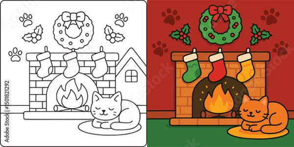 Obraz Christmas Festive Fireplace with Cozy Cat Coloring Page Illustration