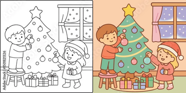 Obraz Decorating the Christmas Tree Coloring Page Illustration