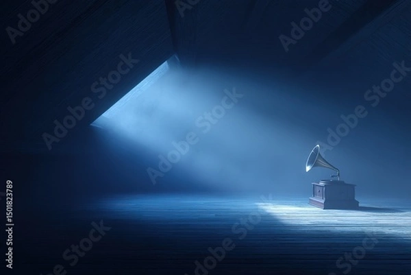 Fototapeta Soft light breaks through attic window illuminating vintage gramophone on wooden floor
