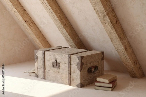 Fototapeta Wooden chest in rustic attic with books illuminated by sunlight during the day