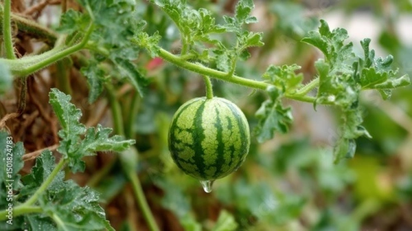 Fototapeta Close-up of a Small Watermelon Growing on a Vine with Green Leaves and a Water Droplet in a Garden Setting