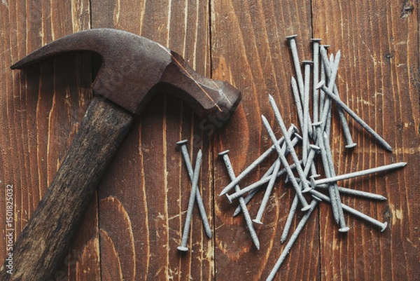 Obraz Claw hammer and galvanized nails on rustic wood