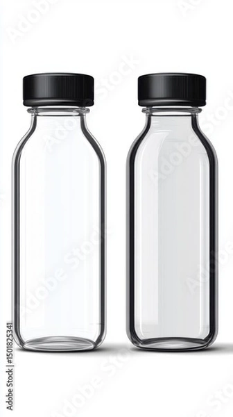 Fototapeta Two clear glass bottles with black caps studio shot on white background for beverage or liquid product mockup